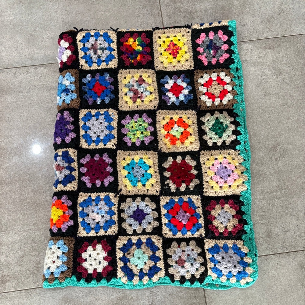 Vintage Granny Square Crochet Blanket Boho Patchwork Afghan Colorful Retro Teal